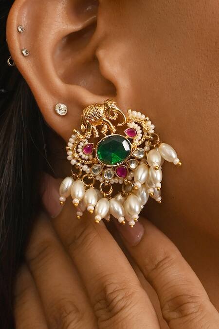 Buy_Namasya_Pink Pearls, Diamonds Elephanta Kundan Embellished Long Necklace Set _Online_at_Aza_Fashions