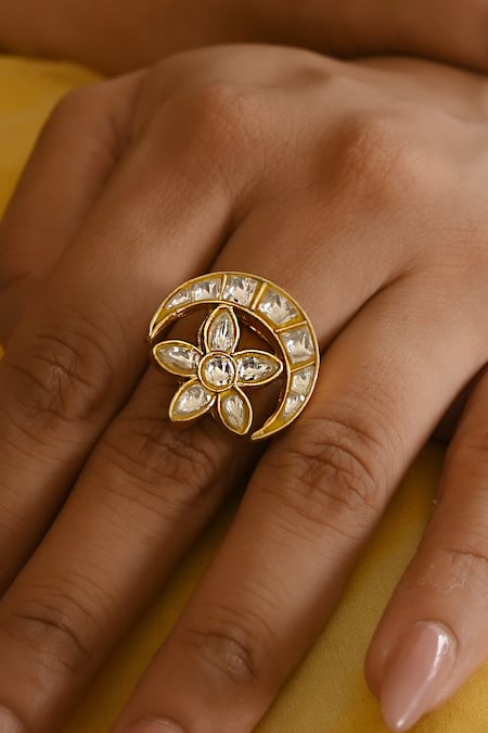 Namasya Gold Plated Kundan Crescent Bloom Embellished Ring 