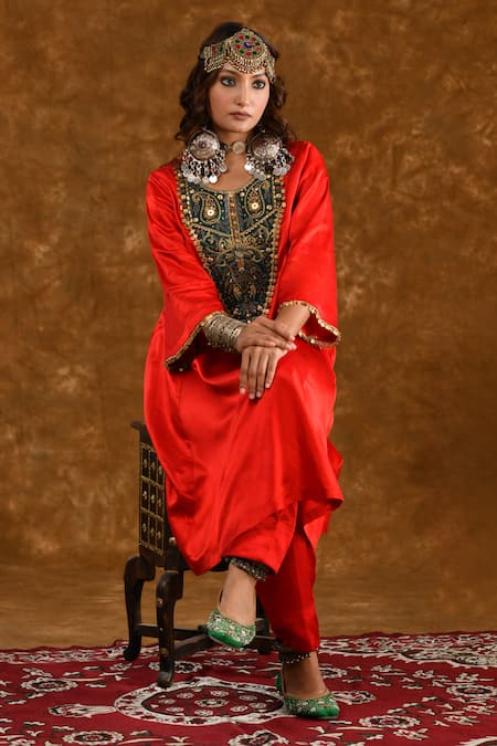 Ekavira Red Silk Embellished Coin Round Bodice Kurta With Salwar 