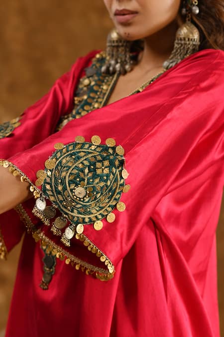 Buy_Ekavira_Pink Silk Embroidery, Tassels, Patchwork Layla Embellished Choga With Salwar _Online_at_Aza_Fashions