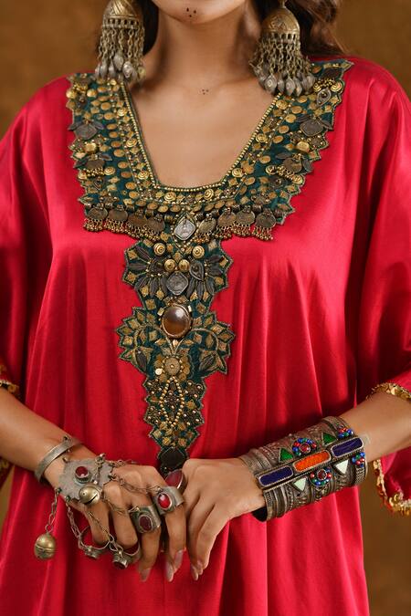 Shop_Ekavira_Pink Silk Embroidery, Tassels, Patchwork Layla Embellished Choga With Salwar _Online_at_Aza_Fashions