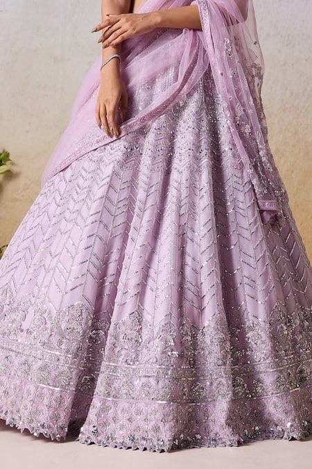 Mirroir_Purple Satin, Organza, Net Pearls, Floral Vine Embellished Bridal Lehenga Set _Online_at_Aza_Fashions