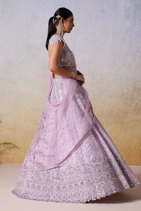 Buy_Mirroir_Purple Satin, Organza, Net Pearls, Floral Vine Embellished Bridal Lehenga Set _Online_at_Aza_Fashions