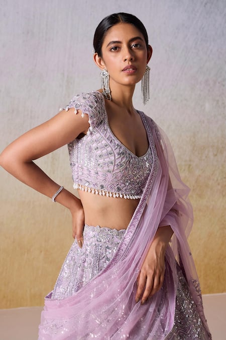 Shop_Mirroir_Purple Satin, Organza, Net Pearls, Floral Vine Embellished Bridal Lehenga Set _Online_at_Aza_Fashions