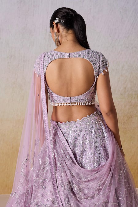 Mirroir_Purple Satin, Organza, Net Pearls, Floral Vine Embellished Bridal Lehenga Set _at_Aza_Fashions