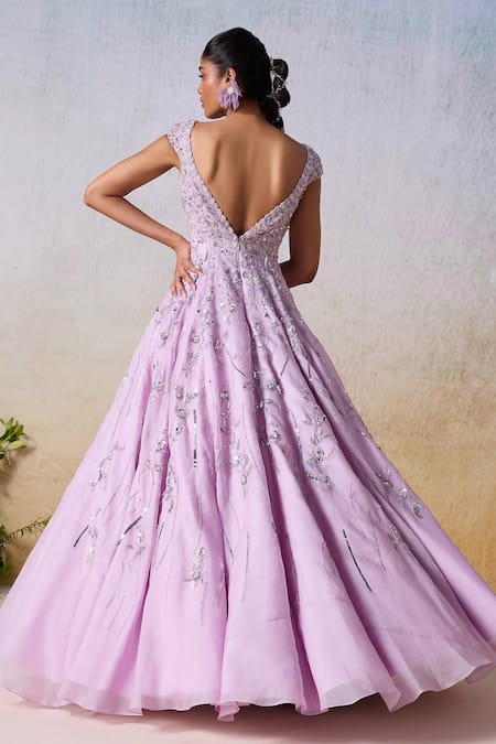 Buy_Mirroir_Purple Satin, Organza, Net Pearls, Floral Vine Embellished Bridal Lehenga Set 