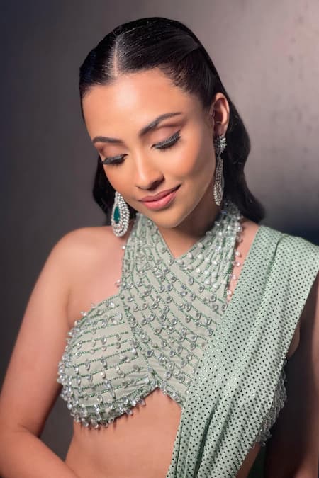 Shop_Aaryaa By Kashveen Kohli_Green Net, Lycra Crystals, Rhinestones Shimmer And Embroidered Saree With Blouse 