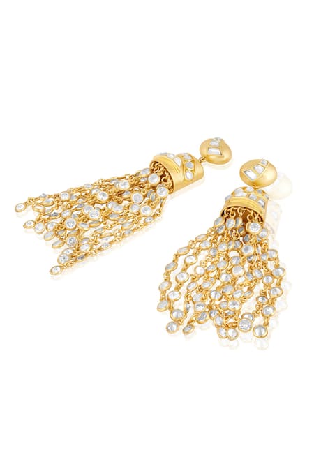 Shop_Isharya_Gold Plated Mirrors, Stones Mirrorwork Tassel Earrings _at_Aza_Fashions