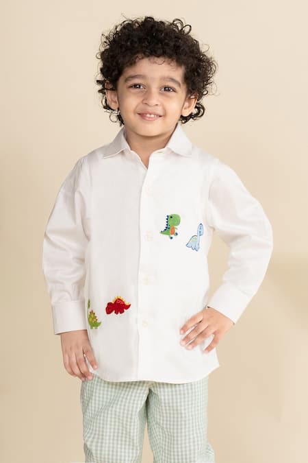 Buy Little Boys Closet White Cotton Satin Embroidery Dinasour Placement Shirt Online at Aza Fashions Buy_Little Boys Closet_White Cotton Satin Embroidery Dinasour Placement Shirt_Online_at_Aza_Fashions