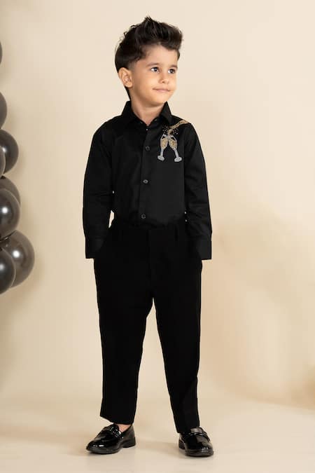 LITTLE BOYS CLOSET Black Cotton Satin Embroidery Cutdana Placement Shirt 