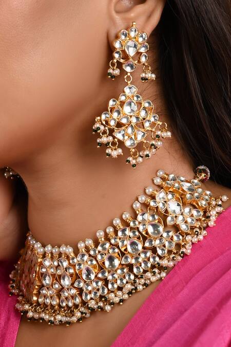 Namasya Gold Plated Pearls Kundan Bloom Embellished Choker Set Online at Aza Fashions Namasya_Gold Plated Pearls Kundan Bloom Embellished Choker Set_Online_at_Aza_Fashions