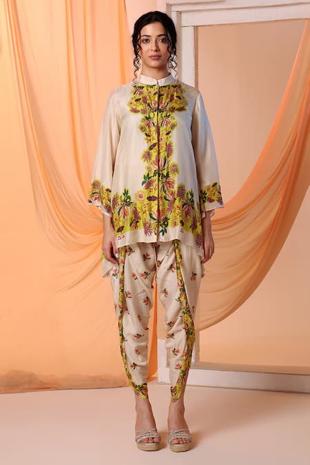 Shop_Soup By Sougat Paul_Beige Silk, Cotton Embroidery Bandeau Arani Floral Short Kurta With Dhoti Pant _at_Aza_Fashions