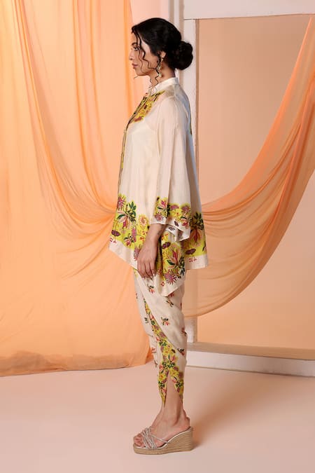 Buy_Soup By Sougat Paul_Beige Silk, Cotton Embroidery Bandeau Arani Floral Short Kurta With Dhoti Pant _Online_at_Aza_Fashions