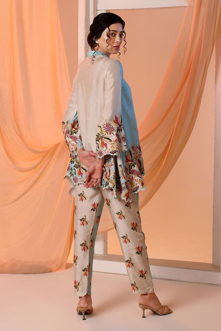 Shop_Soup By Sougat Paul_Blue Silk Embroidery Bandeau Neck Aarani Floral Asymmetric Shirt With Pant _at_Aza_Fashions