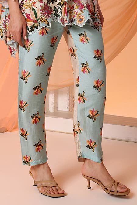 Soup By Sougat Paul_Blue Silk Embroidery Bandeau Neck Aarani Floral Asymmetric Shirt With Pant _Online_at_Aza_Fashions