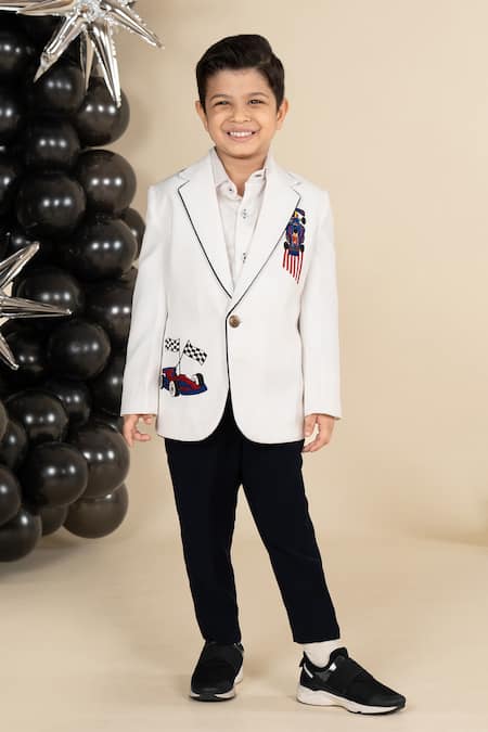 Little Boys Closet White Polyester, Cotton, Satin Embroidery Car Blazer Set at Aza Fashions Little Boys Closet_White Polyester, Cotton, Satin Embroidery Car Blazer Set _at_Aza_Fashions