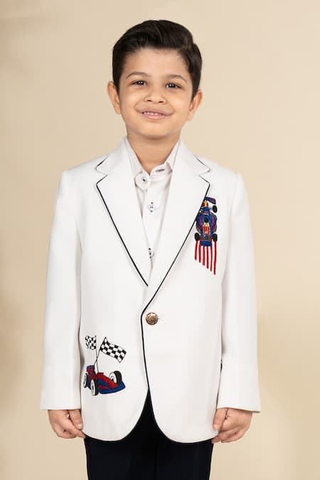 Buy Little Boys Closet White Polyester, Cotton, Satin Embroidery Car Blazer Set Buy_Little Boys Closet_White Polyester, Cotton, Satin Embroidery Car Blazer Set