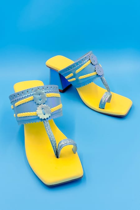 Shop Shiveen Shiveen Blue Chitrapada Braided Strap Woven Kolhapuri Heels at Aza Fashions Shop_Shiveen Shiveen_Blue Chitrapada Braided Strap Woven Kolhapuri Heels _at_Aza_Fashions
