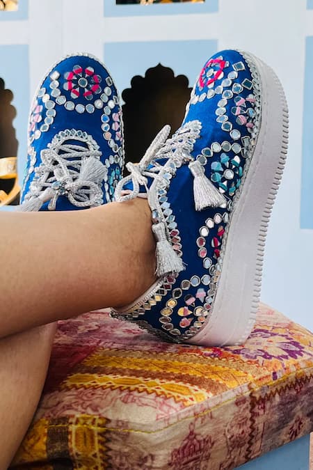 Rajasthani Stuff Blue Mirror Helly Embroidered Sneakers 