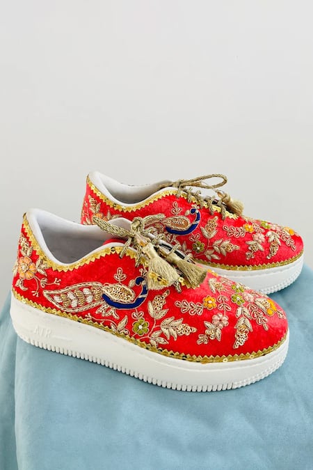 Rajasthani Stuff Red Zardozi Monochrome Peacock Embroidered Sneakers 