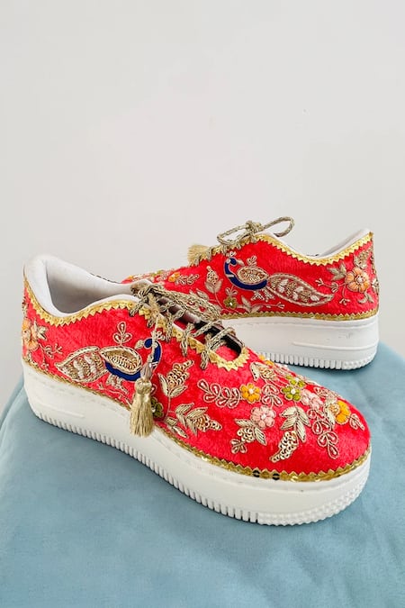 Shop Shiveen Shiveen Red Peacock Embroidered Sneakers at Aza Fashions Shop_Shiveen Shiveen_Red Peacock Embroidered Sneakers _at_Aza_Fashions