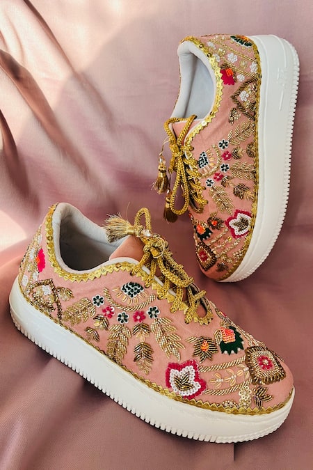 Rajasthani Stuff Peach Zardozi Ocelot Floral Embroidered Sneakers 