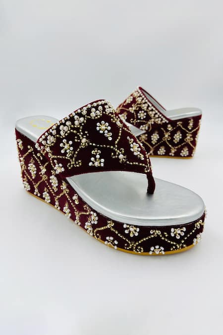 Shop_Shiveen Shiveen_Maroon Cutdana Raktah Embroidered Wedges _at_Aza_Fashions