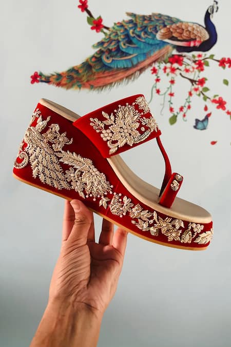 Rajasthani Stuff Red Zardozi Roshana Embroidered Wedges 