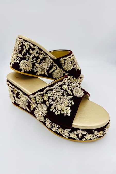 Rajasthani Stuff Maroon Zardozi Roshana Tapta Embroidered Wedges 