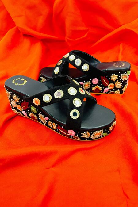 Shiveen Shiveen_Black Mirror Srishti Embroidered Wedges _Online_at_Aza_Fashions