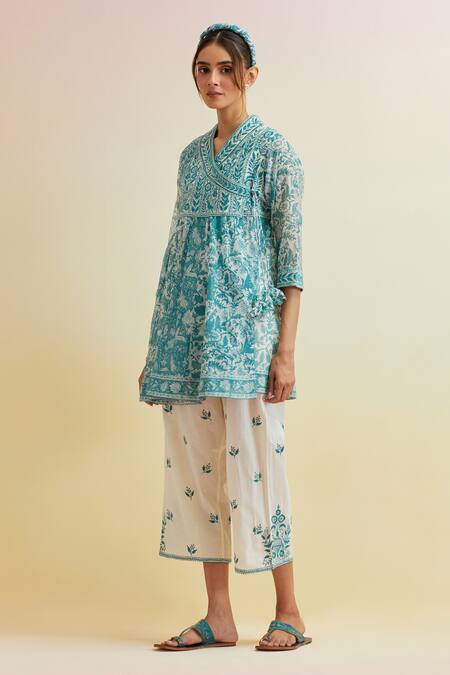 Upavita_Blue Kurta Cotton Chanderi Embroidered Floral Print Short Angrakha With Pant _Online_at_Aza_Fashions