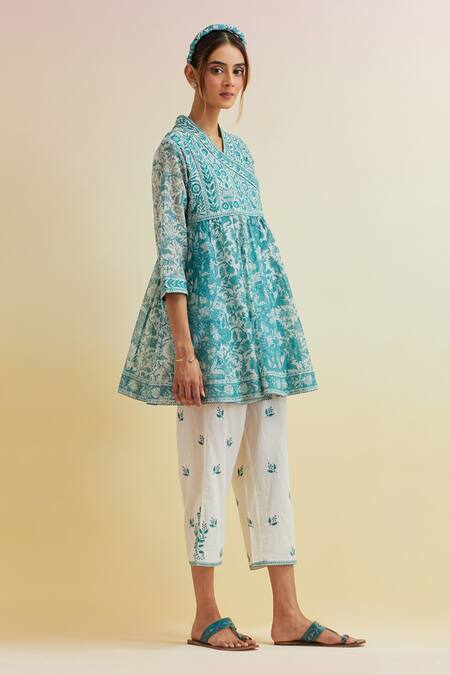 Buy_Upavita_Blue Kurta Cotton Chanderi Embroidered Floral Print Short Angrakha With Pant _Online_at_Aza_Fashions