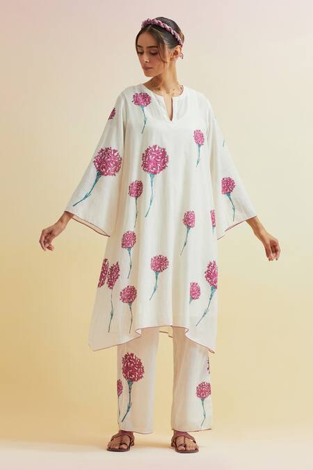 Upavita_Off White Cotton Block Print Carnations Notched Asymmetric Kurta Pant Set _Online_at_Aza_Fashions