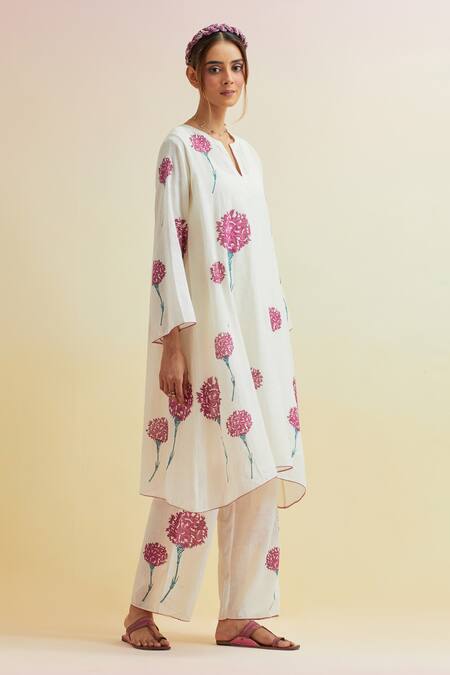 Shop_Upavita_Off White Cotton Block Print Carnations Notched Asymmetric Kurta Pant Set _Online_at_Aza_Fashions