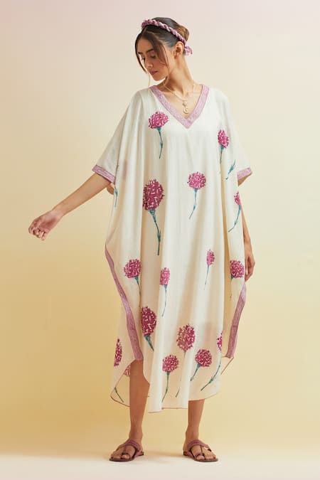 Upavita Off White Cotton Block Print Carnations V-neck Asymmetric Kaftan With Pant 