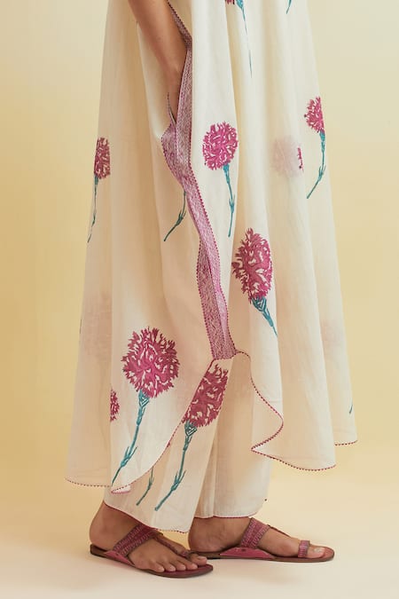 Shop_Upavita_Off White Cotton Block Print Carnations V-neck Asymmetric Kaftan With Pant _Online_at_Aza_Fashions