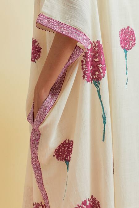Shop_Upavita_Off White Cotton Block Print Carnations V-neck Asymmetric Kaftan With Pant 
