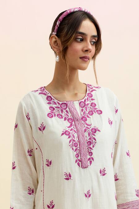 Buy Upavita Off White Cotton, Chanderi Embroidery, Tassels Round Neck Thread Kurta Pant Set Online at Aza Fashions Buy_Upavita_Off White Cotton, Chanderi Embroidery, Tassels Round Neck Thread Kurta Pant Set _Online_at_Aza_Fashions