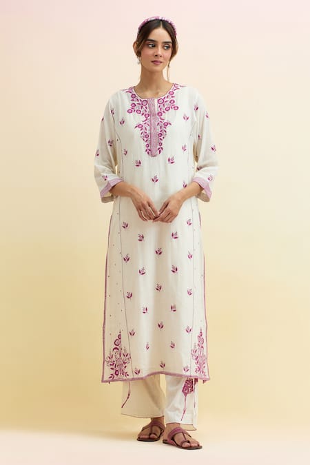 Shop Upavita Off White Cotton, Chanderi Embroidery, Tassels Round Neck Thread Kurta Pant Set Online at Aza Fashions Shop_Upavita_Off White Cotton, Chanderi Embroidery, Tassels Round Neck Thread Kurta Pant Set _Online_at_Aza_Fashions