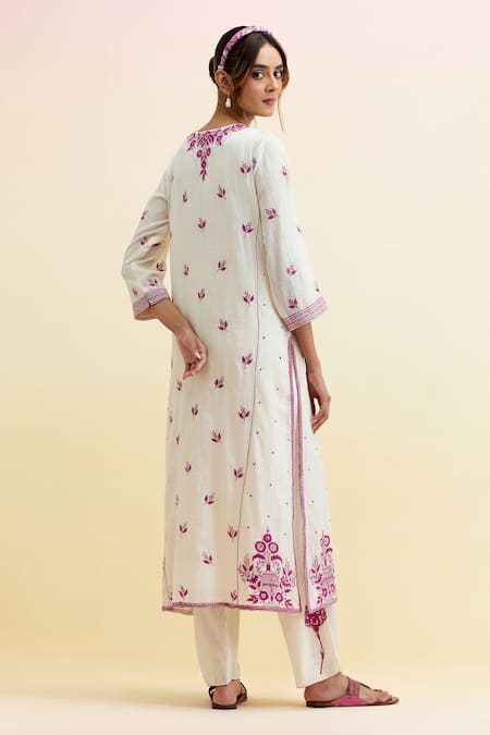 Shop Upavita Off White Cotton, Chanderi Embroidery, Tassels Round Neck Thread Kurta Pant Set at Aza Fashions Shop_Upavita_Off White Cotton, Chanderi Embroidery, Tassels Round Neck Thread Kurta Pant Set _at_Aza_Fashions