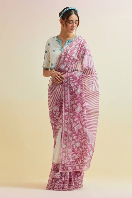 Shop_Upavita_Pink Blouse Cotton Embroidered Thread Floral Vine Block Print Saree With _Online_at_Aza_Fashions