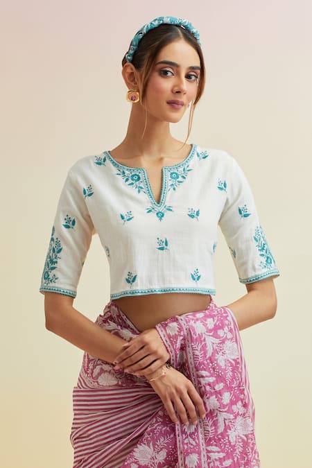 Upavita_Pink Blouse Cotton Embroidered Thread Floral Vine Block Print Saree With _at_Aza_Fashions