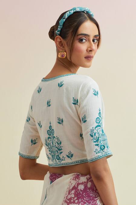 Buy_Upavita_Pink Blouse Cotton Embroidered Thread Floral Vine Block Print Saree With 