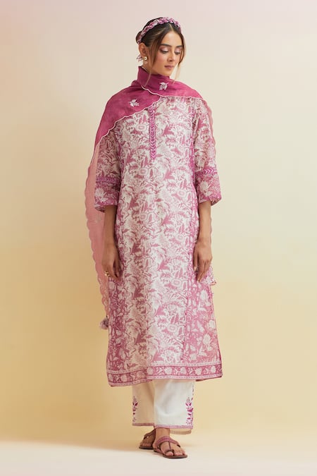 Upavita Chanderi Floral Hand Block Print Kurta & Pant Set 