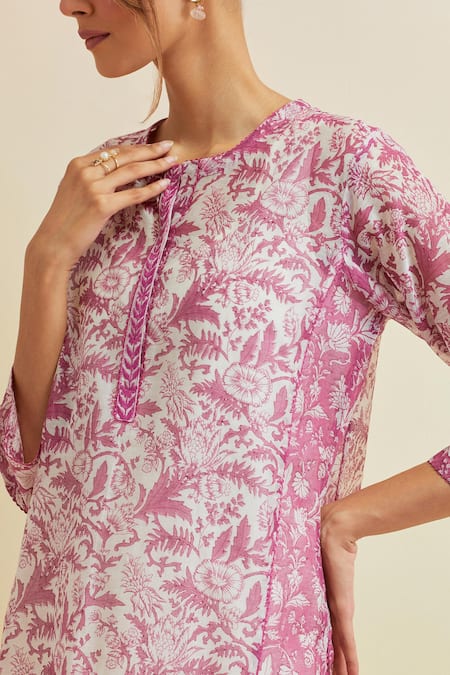 Upavita_Pink Kurta And Dupatta Cotton Chanderi Print Floral Round Hand Block & Pant Set _at_Aza_Fashions