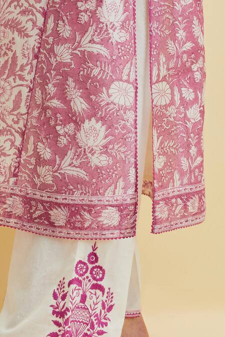 Buy_Upavita_Pink Kurta And Dupatta Cotton Chanderi Print Floral Round Hand Block & Pant Set 