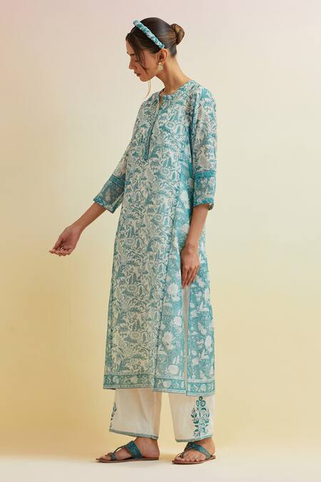 Upavita_Blue Cotton Embroidery Round Floral Hand Block Kalidar Print Kurta And Pant Set _Online_at_Aza_Fashions