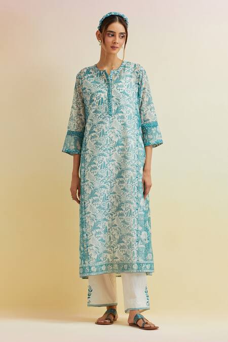 Buy_Upavita_Blue Cotton Embroidery Round Floral Hand Block Kalidar Print Kurta And Pant Set _Online_at_Aza_Fashions