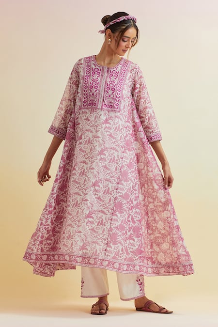 Upavita_Pink Cotton, Chanderi Embroidery Floral Hand Block Print A-line Kurta And Pant Set _Online_at_Aza_Fashions