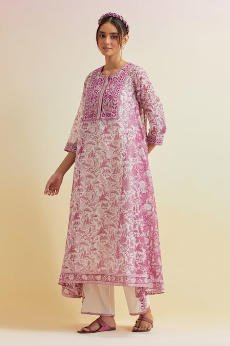 Buy_Upavita_Pink Cotton, Chanderi Embroidery Floral Hand Block Print A-line Kurta And Pant Set _Online_at_Aza_Fashions